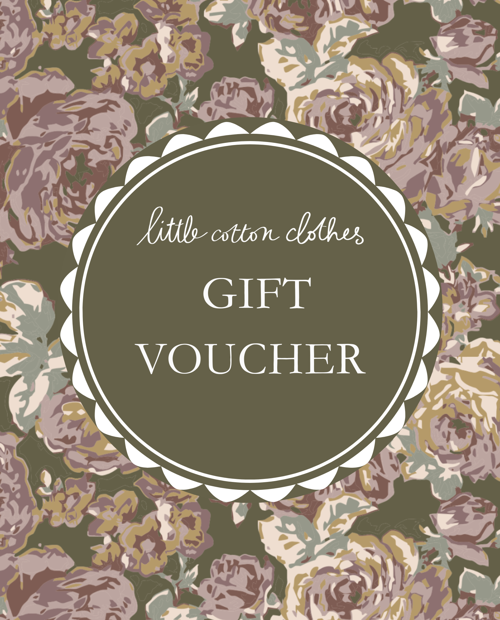Gift voucher design with vintage floral pattern in muted earth tones and elegant lettering, reflecting a slow, natural, and ethical children's clothing brand.
