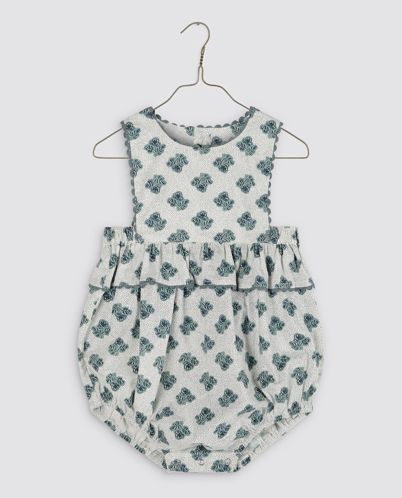 Frilly Bridget Romper - Hollyhock Floral teal (Seconds)