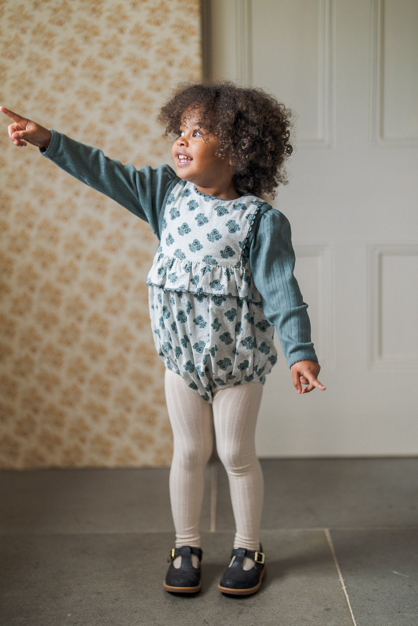 Frilly Bridget Romper - Hollyhock Floral teal (Seconds)
