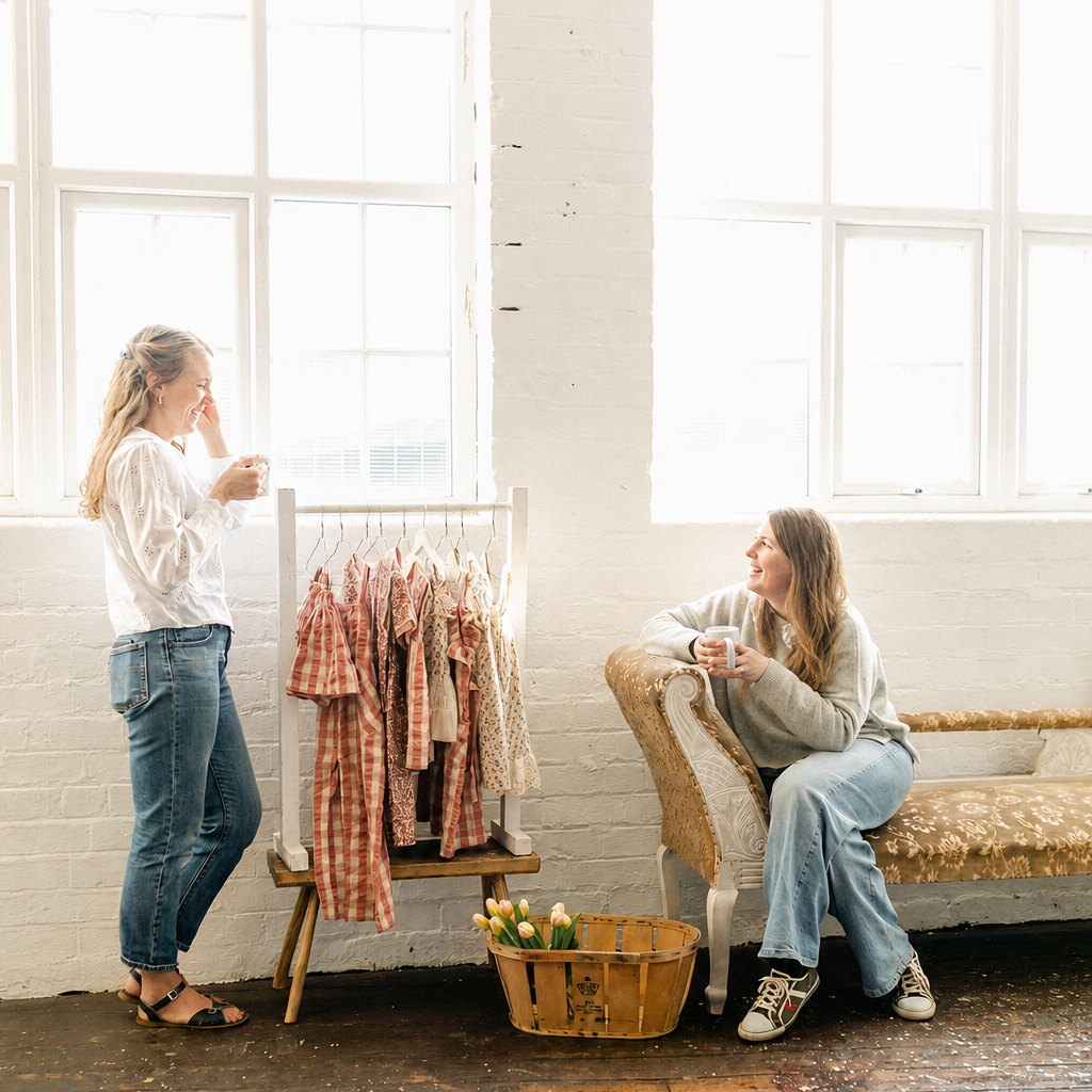 Two women in a room with wooden floors and white walls, one standing and one sitting on a bench.