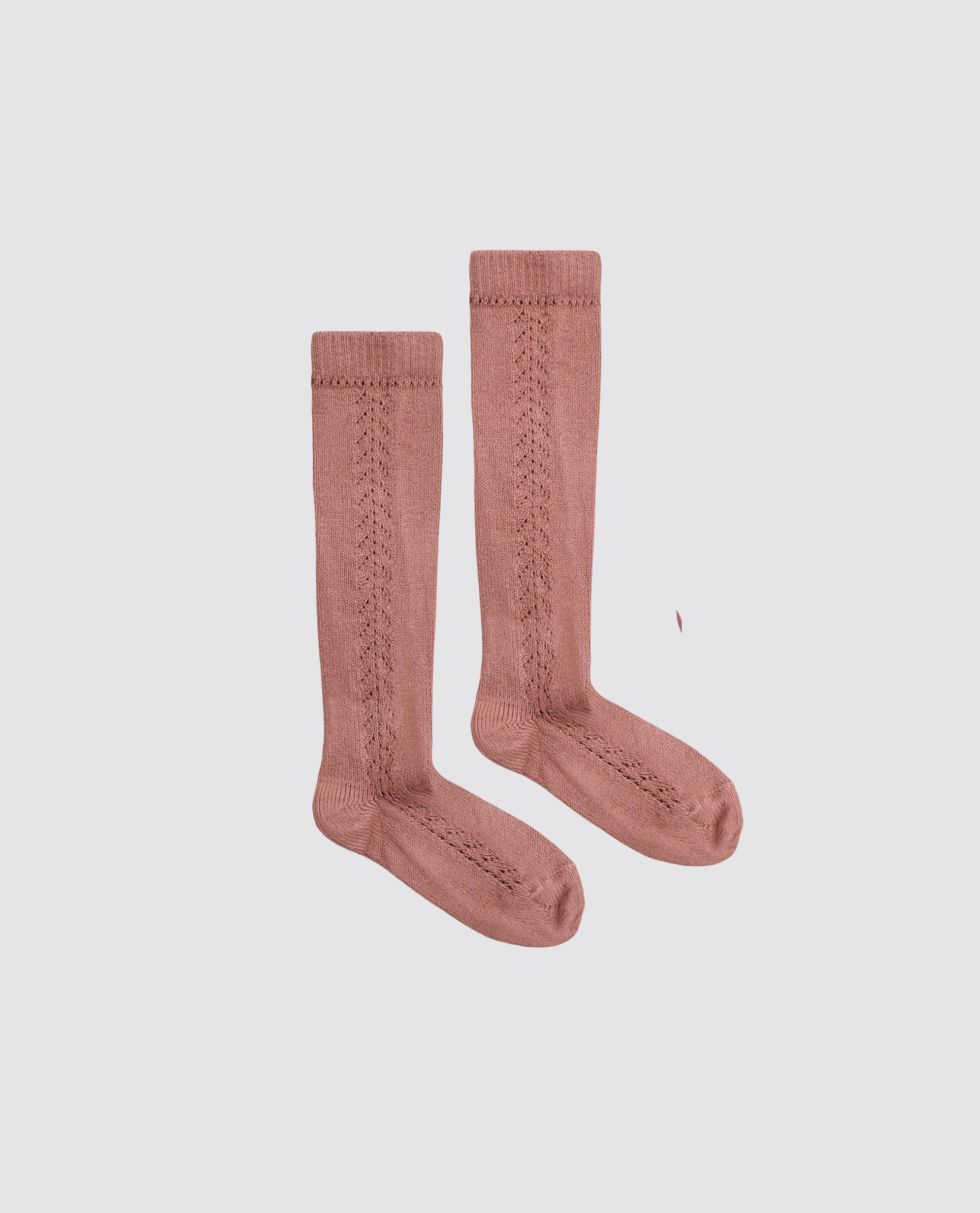 Pair of praline brown cotton blend openwork knee high socks for kids featuring a delicate vintage-inspired pattern, crafted with natural, sustainable materials.