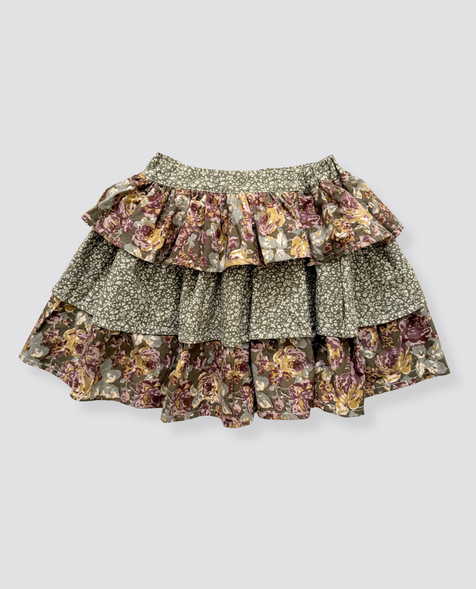 Girls vintage style ra-ra skirt with layered floral patterns in muted greens and purples, made from soft organic cotton for sustainable kids clothing.