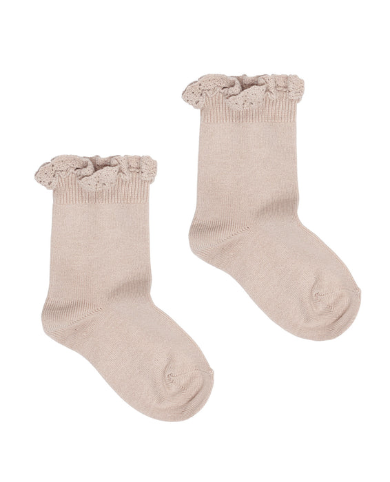 Lace frill knee ankle socks - stone