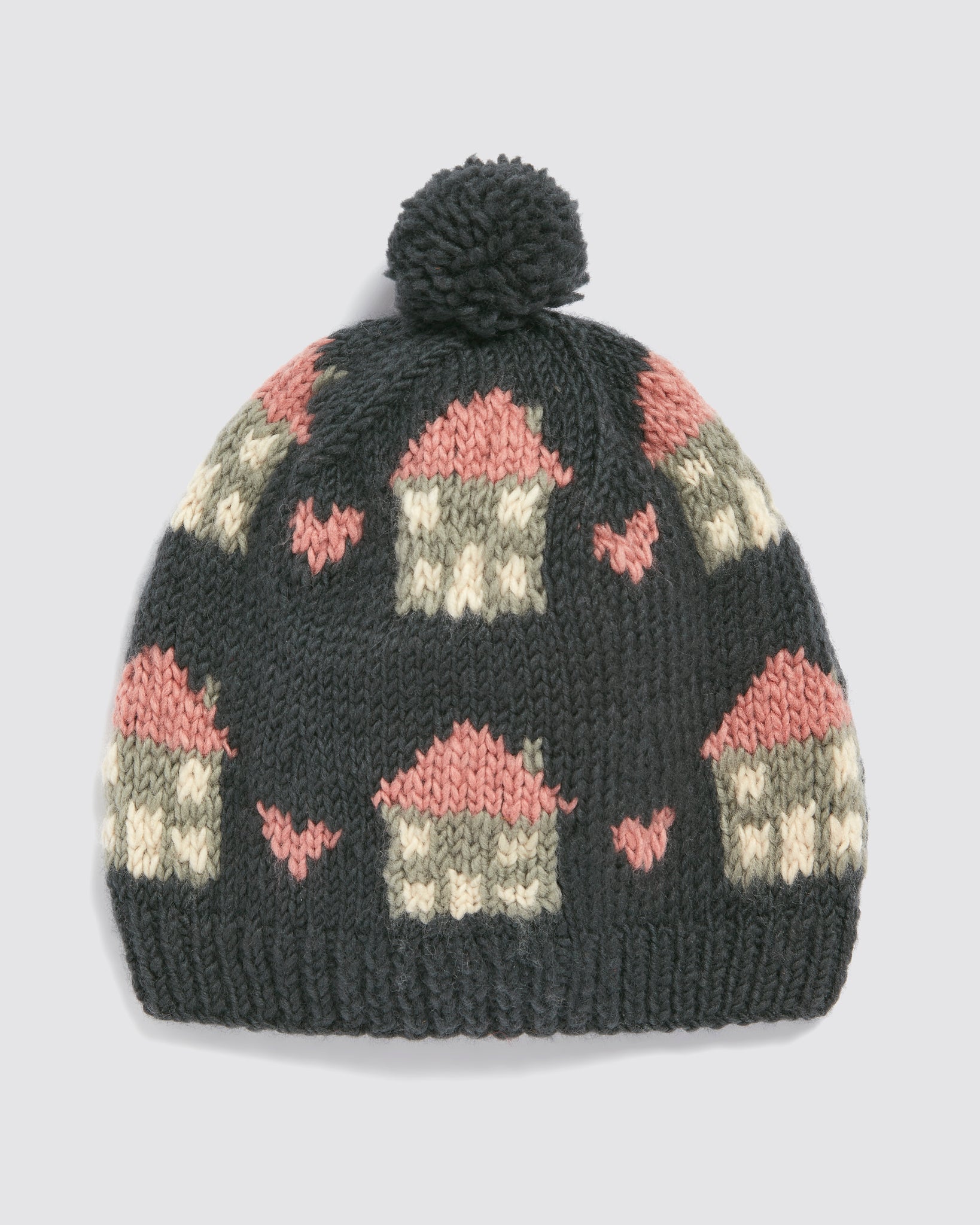 Dark multicolor hand-knitted bobble hat for kids made from soft merino wool, featuring a charming vintage-style cottage pattern, perfect for slow, natural, and ethical children's clothing.