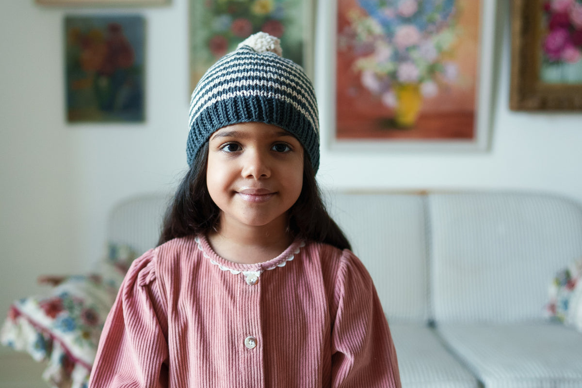 Hand-knitted Bobble Hat - Midnight Stripe