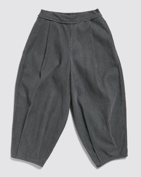 Blue velvet barrel shaped trousers for children kids made from organic cotton velvet.  A unisex style. Ethically and sustainably made.