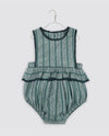 Vintage inspired, teal and Blue floral romper, with frill at the waist finished with gathered trim. Buttons to the back and elastic to the legs.