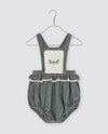 Beautiful blue velvet baby romper with embroidery and pretty trims. Sustainably made in soft organic cotton 1.