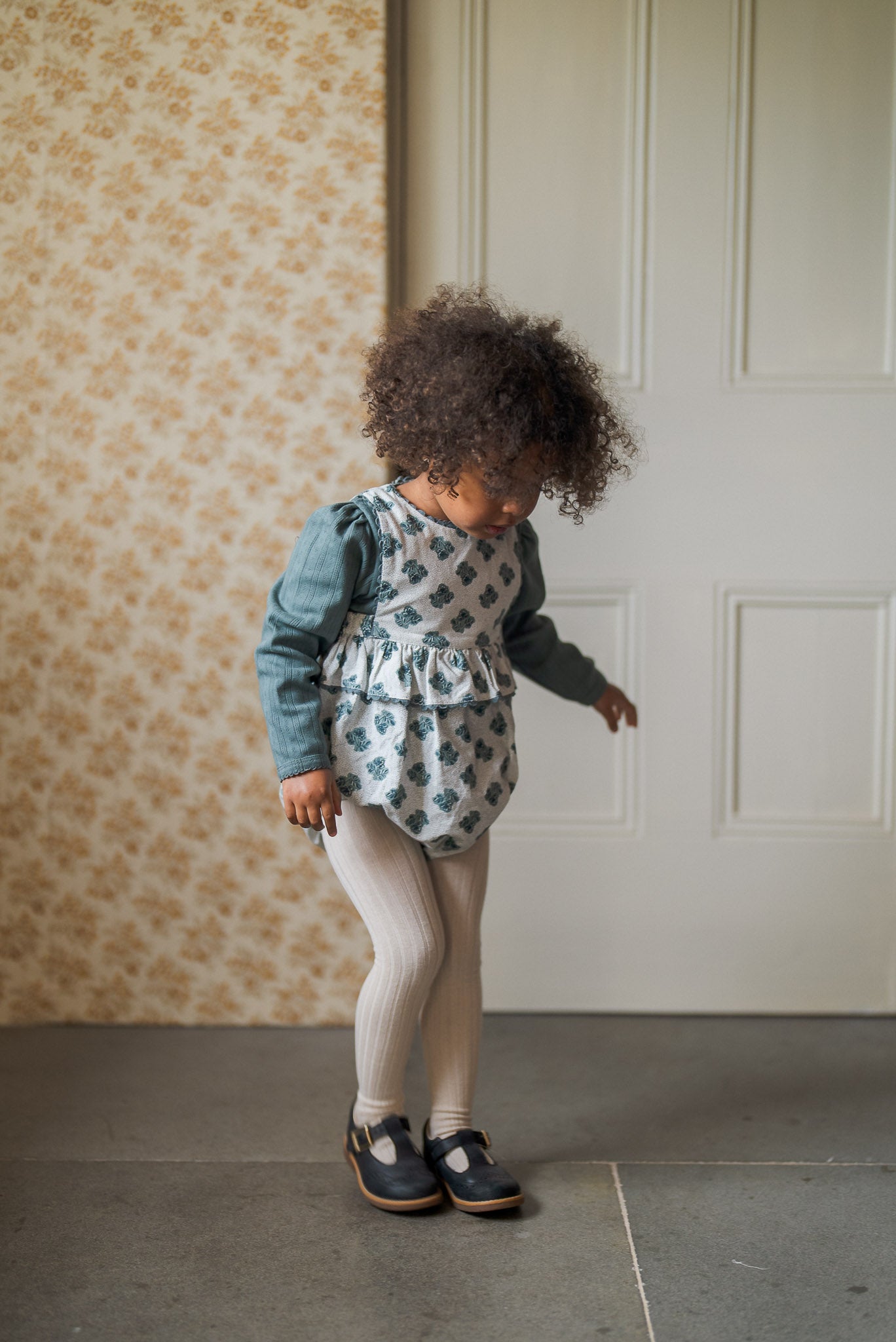 Frilly Bridget Romper - Hollyhock Floral teal (Seconds)