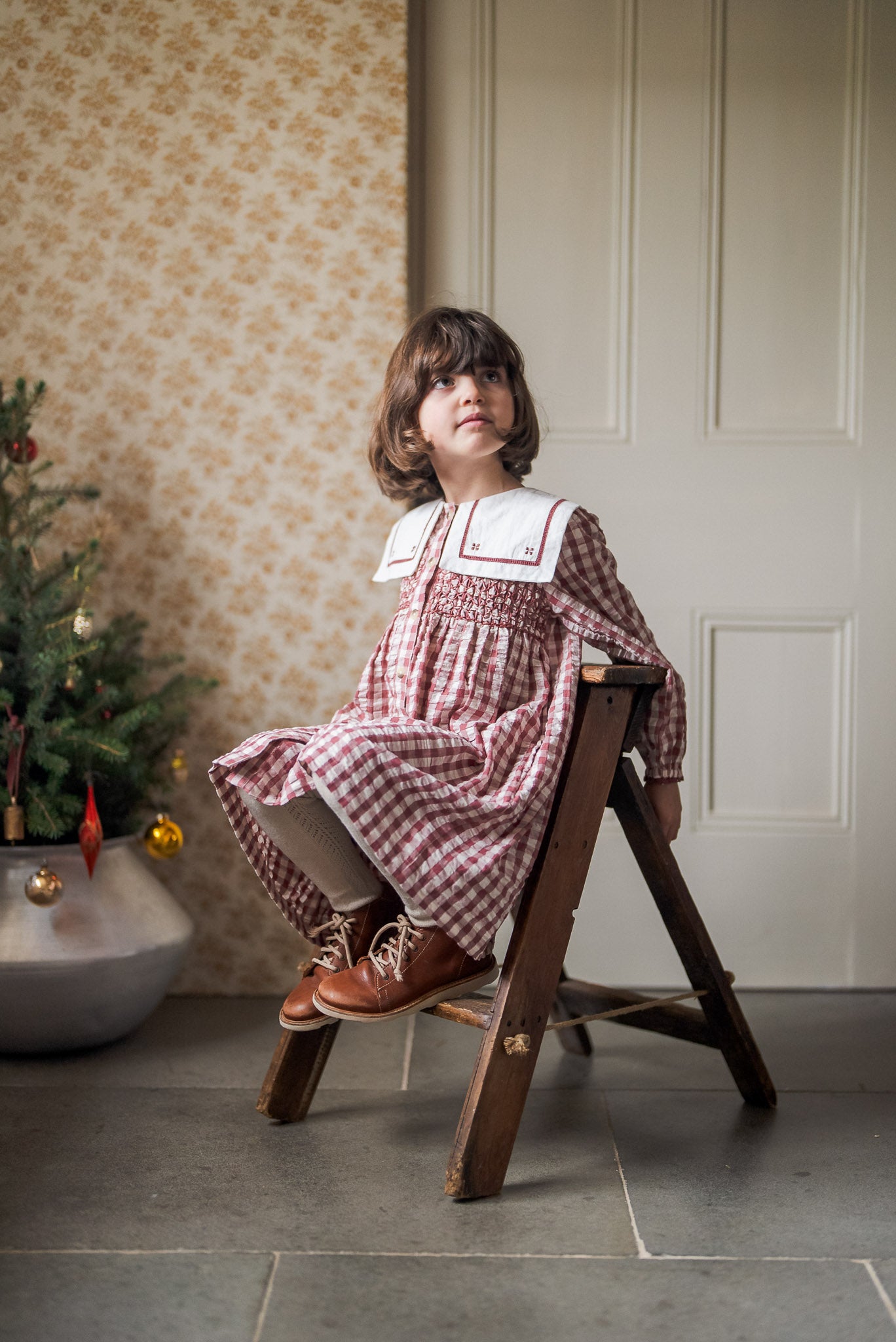 Smocked Sabrina Dress - Seersucker Gingham in Apple Butter