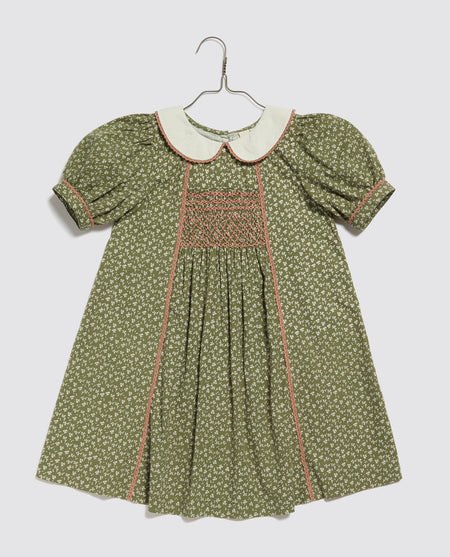 Green floral traditional summer dress. Puff sleeves with cuffs, peter pan collar with trim and hand-smocked panel to the chest. 