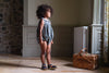 Girls block print inspired, blue floral romper with peter pan collar in checked fabric. Made in beautiful organic floral fabric.
