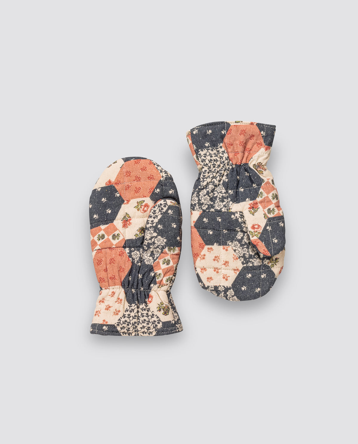 Patchwork floral quilted mittens made with organic cotton for vintage-inspired ethical and sustainable children's clothing and accessories.