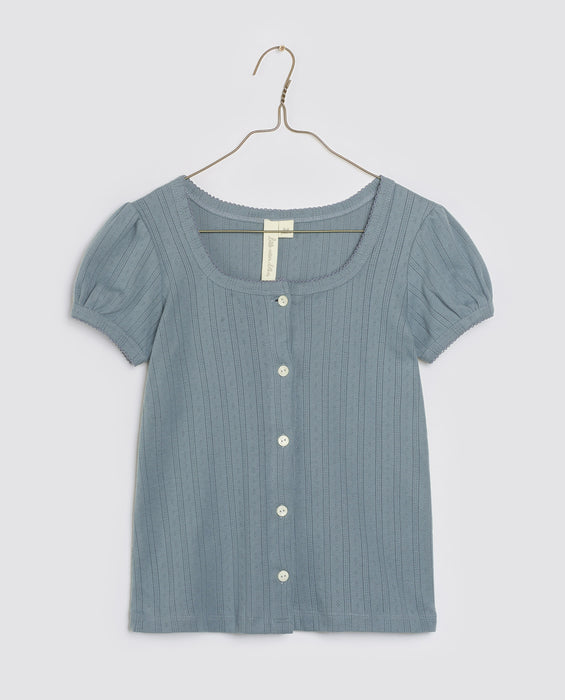 Organic Pointelle Button T-shirt - Enamel Blue