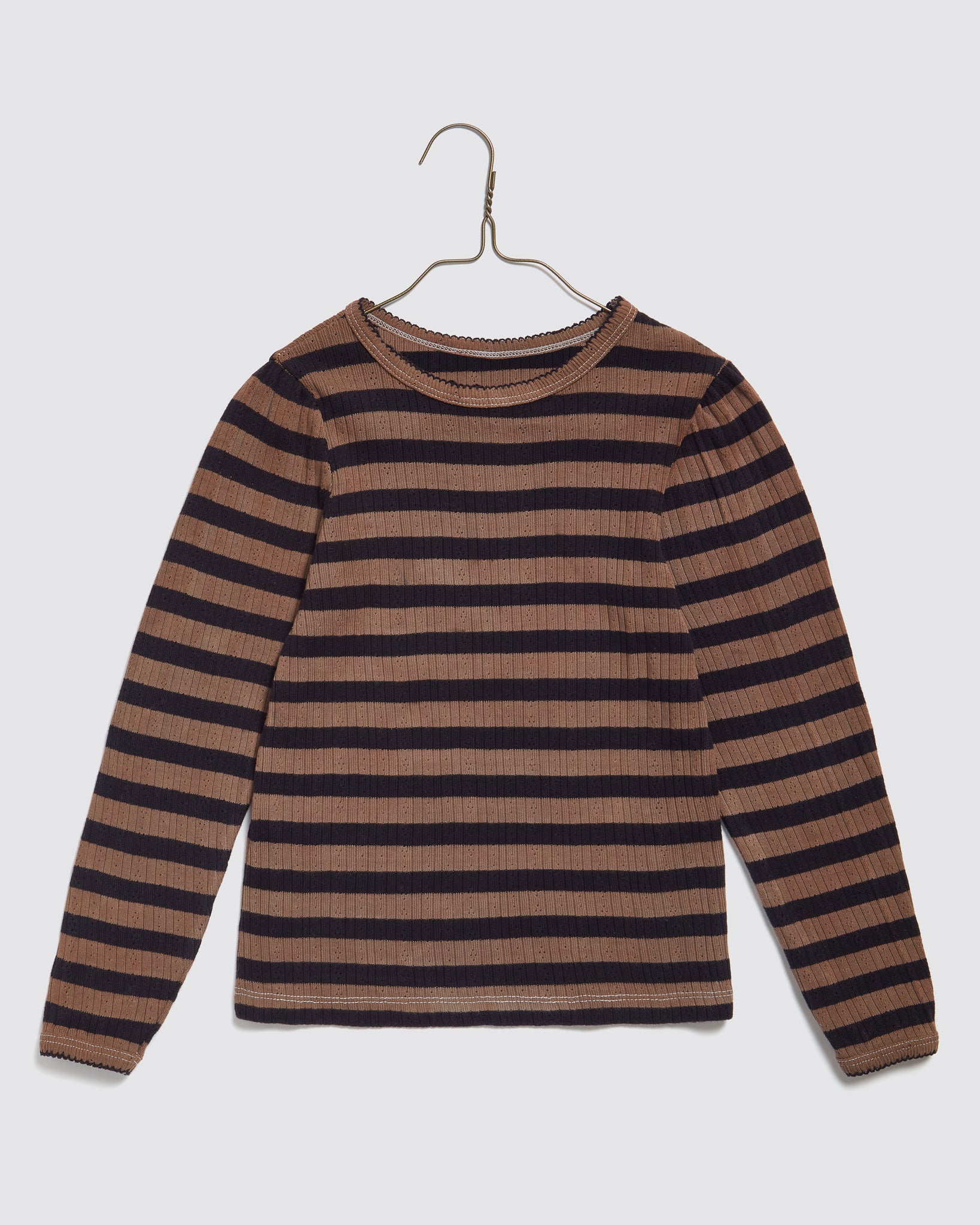 Slim fit children's long-sleeve T-shirt in navy and beige striped organic jersey cotton, featuring a vintage-inspired, natural design for sustainable kids clothing.