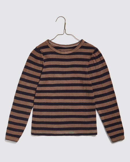 Organic, pointelle jersey, long sleeved striped girls t shirt. Round neck, slim fitting gathered sleeve heads. 100% organic cotton striped t shirt.