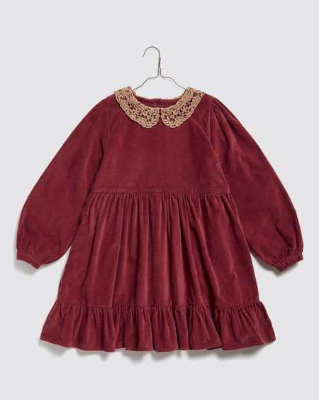 Red velvet Christmas dress for girls with prairie frill and lace collar