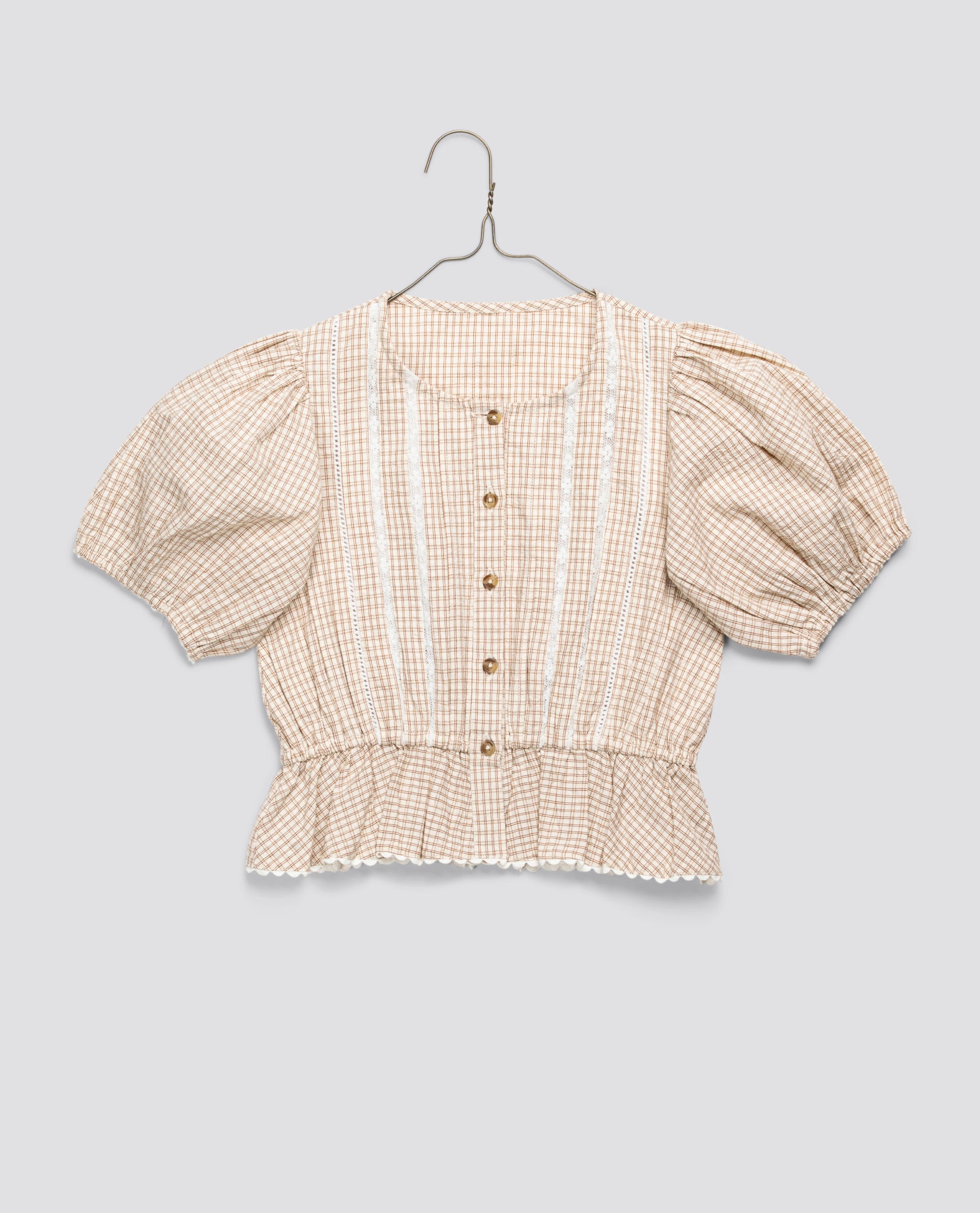 Girls vintage style blouse in soft straw check cotton with puff sleeves and button front, made from organic, sustainable materials for ethical children's clothing.