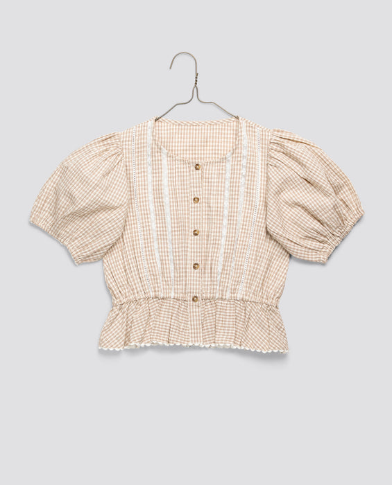 Girls vintage style blouse in soft straw check cotton with puff sleeves and button front, made from organic, sustainable materials for ethical children's clothing.