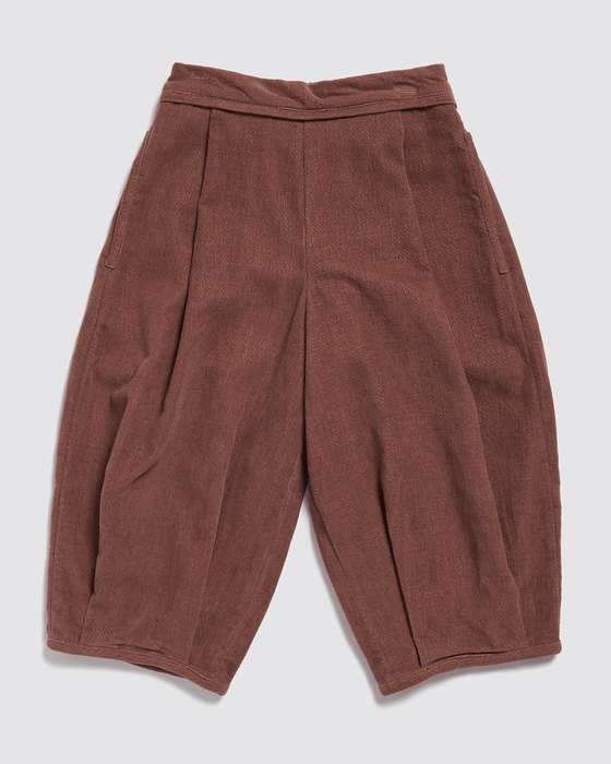 Barrel shaped brown velvet trousers for children. organic cotton velvet. Unisex. Sustainably and ethically made in small batches.
