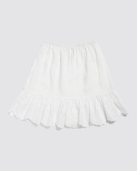 White, vintage style, organic cotton petticoat underskirt. Broderie anglaise trim to hem. Elasticated waist. 