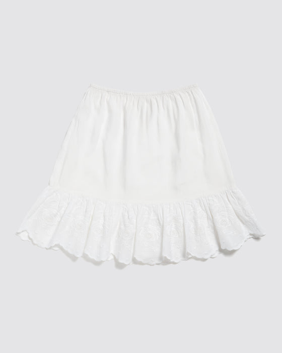 White, vintage style, organic cotton petticoat underskirt. Broderie anglaise trim to hem. Elasticated waist. 