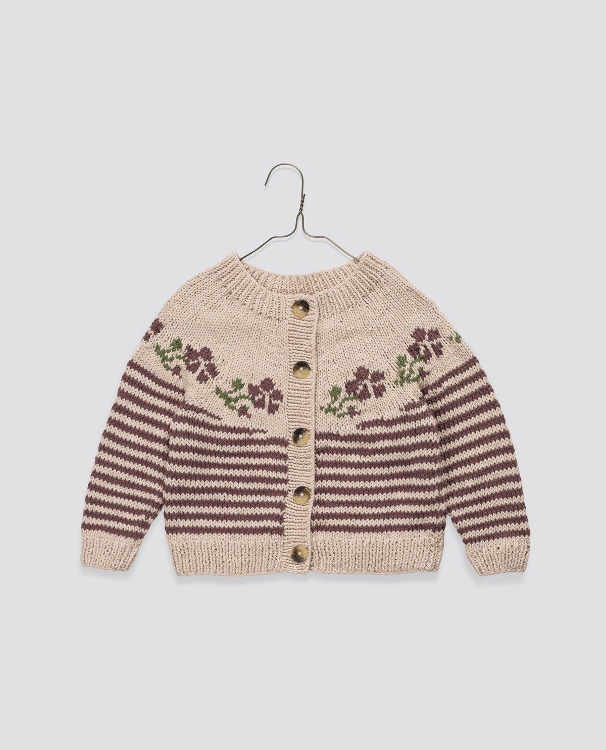 Cream and red vintage-inspired winter rose and stripe cardigan, hand made with soft cotton for sustainable children's clothing.