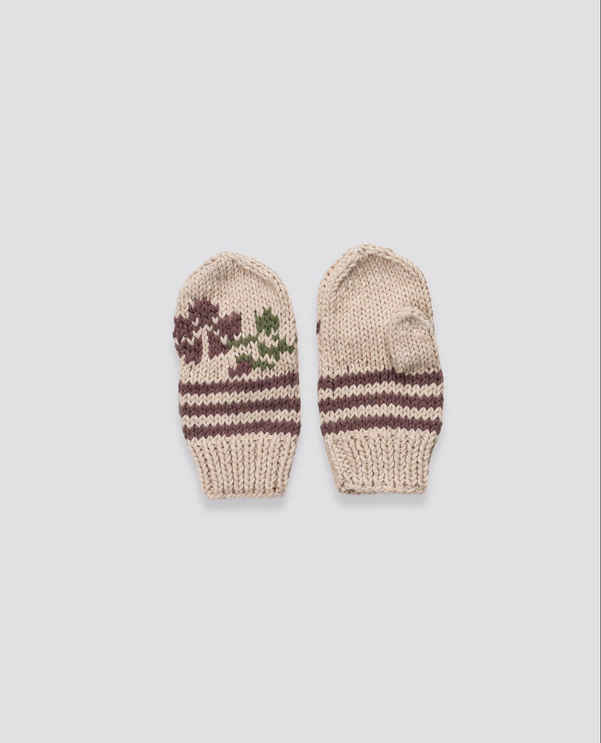 Pair of hand knitted mittens with a charming vintage-inspired winter rose and stripe design, for sustainable children's accessories.