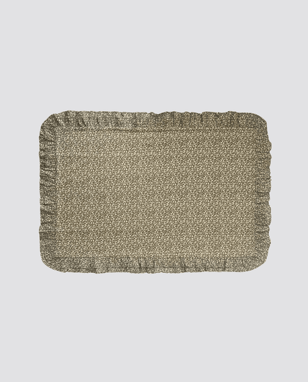 Organic cotton frilly pillowcase. Small scale green floral print on 100% organic cotton.