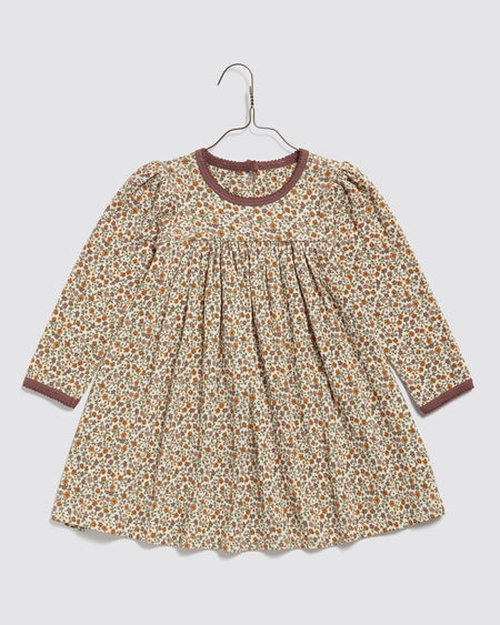 Organic jersey pointelle jersey dress for girls and babies. Pretty vintage inspired colourful print with contrasting binding at the neck and cuffs. Sustainable and Ethically made girls jersey dress. 