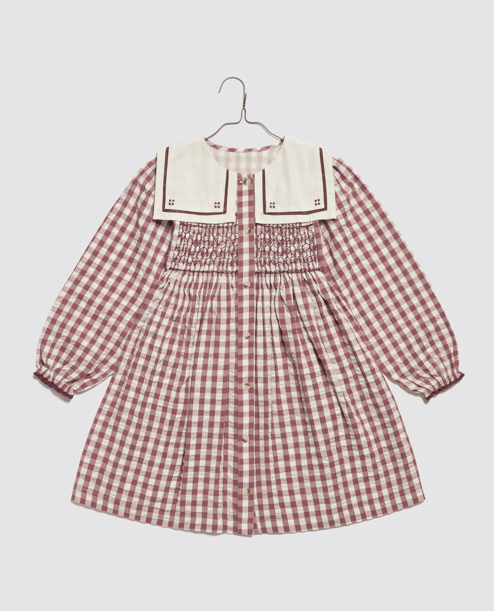 Smocked Sabrina Dress - Seersucker Gingham in Apple Butter