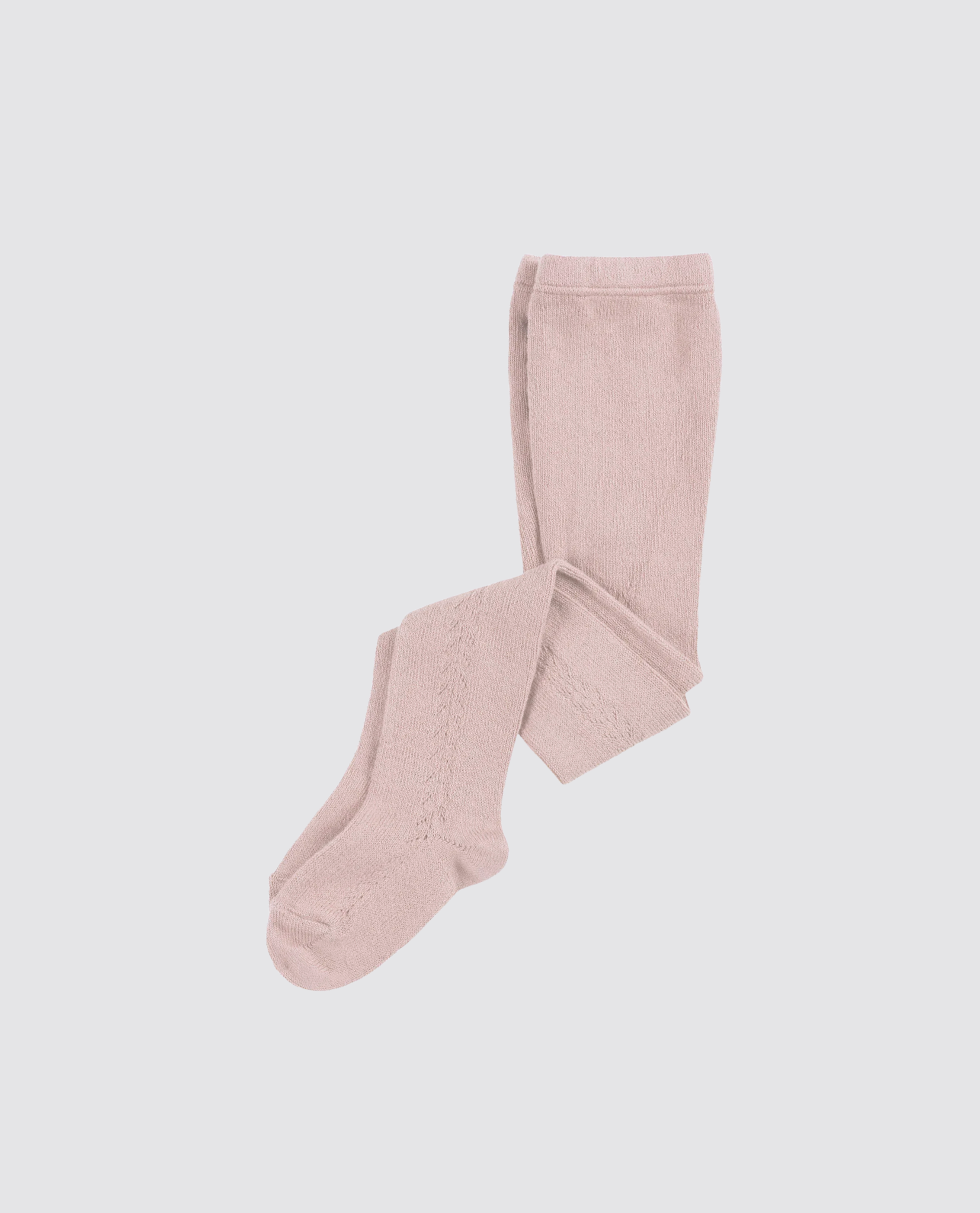 Soft pink openwork cotton blend tights for kids, designed with vintage style in mind, offering sustainable and ethically made children's clothing with a natural, organic feel.