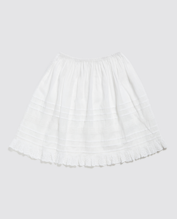 White vintage style organic cotton petticoat underskirt. French pintucks and gathered lace trim to hem. Elasticated waist. 